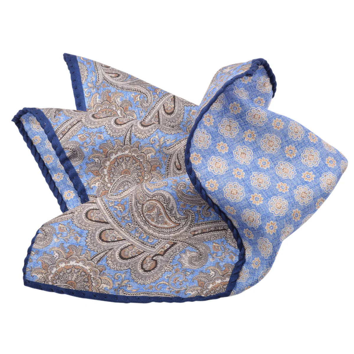 DION SILK DOUBLE-SIDED POCKET SQUARE - DENIM PAISLEY/FLORAL NEAT
