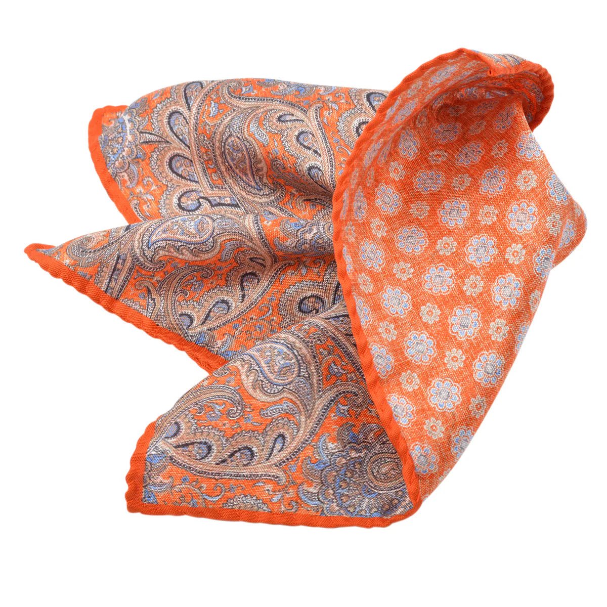 DION SILK DOUBLE-SIDED POCKET SQUARE - ORANGE PAISLEY/FLORAL NEAT