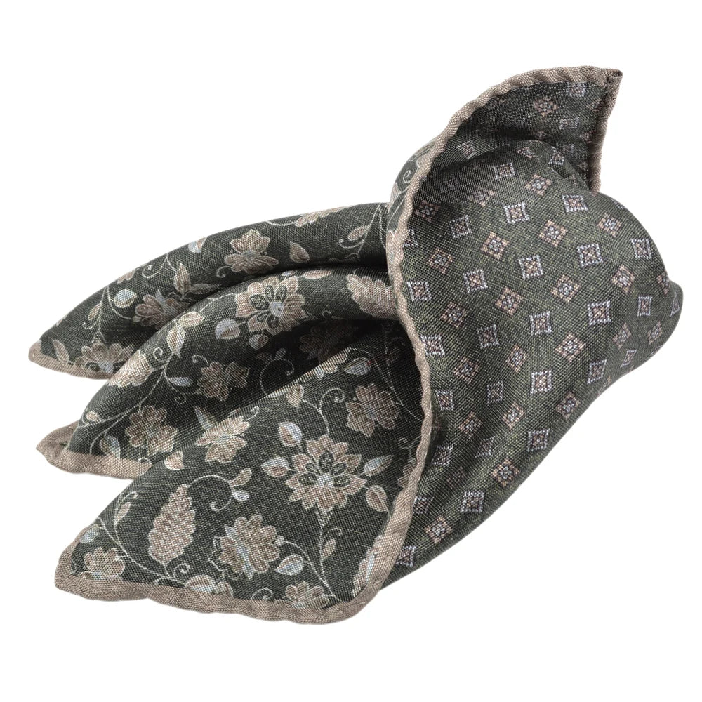 DION SILK DOUBLE-SIDED POCKET SQUARE - FOREST FLORAL VINE/DIAMOND NEAT