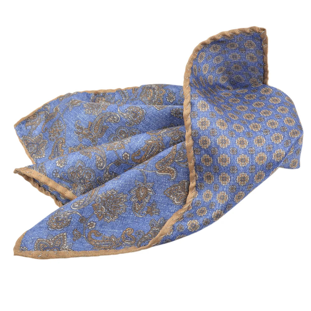 DION SILK DOUBLE-SIDED POCKET SQUARE - DENIM LEAFY PAISLEY/MARGARITA NEAT