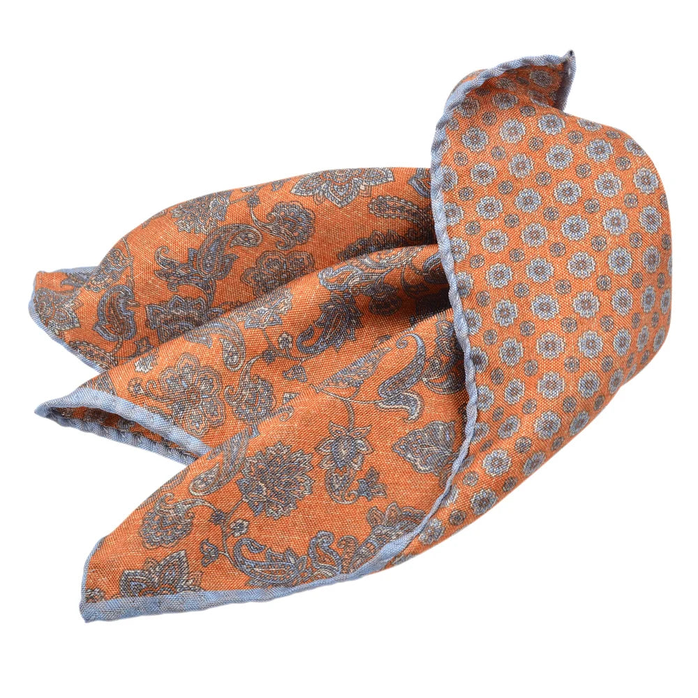 DION SILK DOUBLE-SIDED POCKET SQUARE - ORANGE LEAFY PAISLEY/MARGARITA NEAT