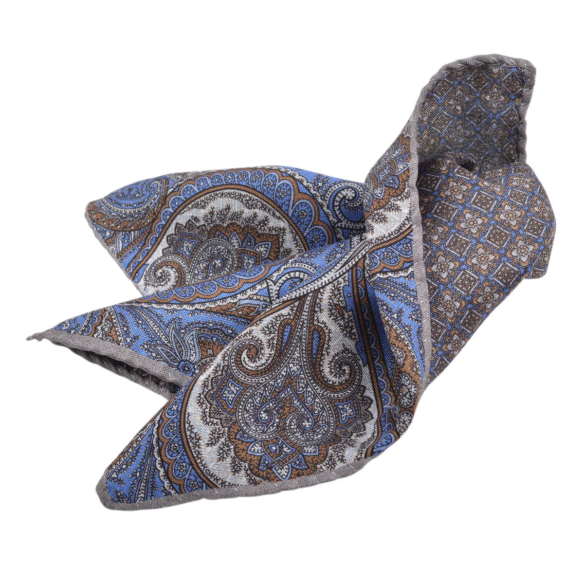 DION SILK DOUBLE-SIDED POCKET SQUARE - FRENCH BLUE PAISLEY/FLORAL NEAT