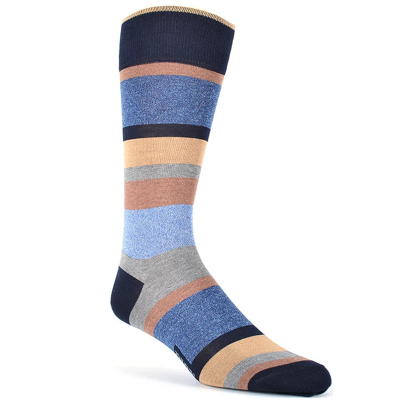 DION MID-CALF MEN'S SOCK - MULTI-BAR STRIPE - BLUE/TAN