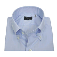 Button Down SF light blue cotton twill melange long sleeve shirt with mother-of-pearl buttons and Neapolitan pleats.