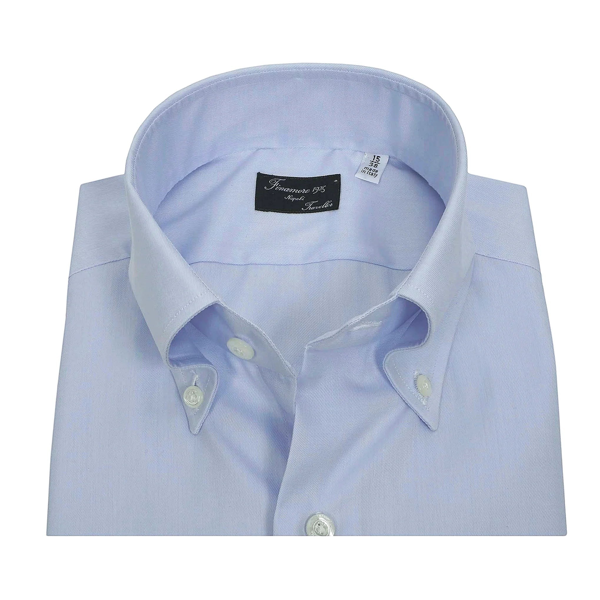 Button Down SF light blue cotton twill melange long sleeve shirt with mother-of-pearl buttons and Neapolitan pleats.