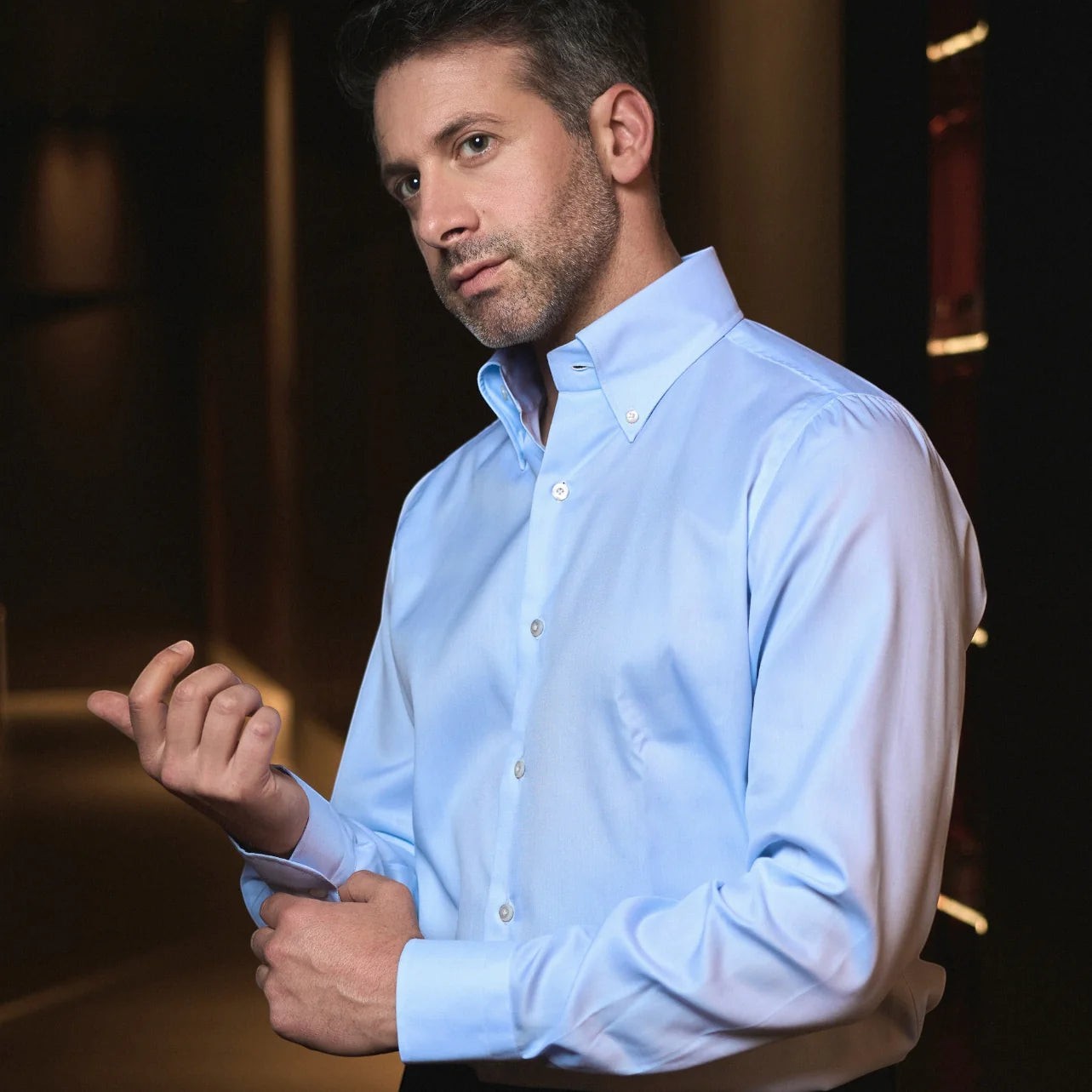 Button Down SF light blue cotton twill melange long sleeve shirt with button-down collar and mother-of-pearl buttons.