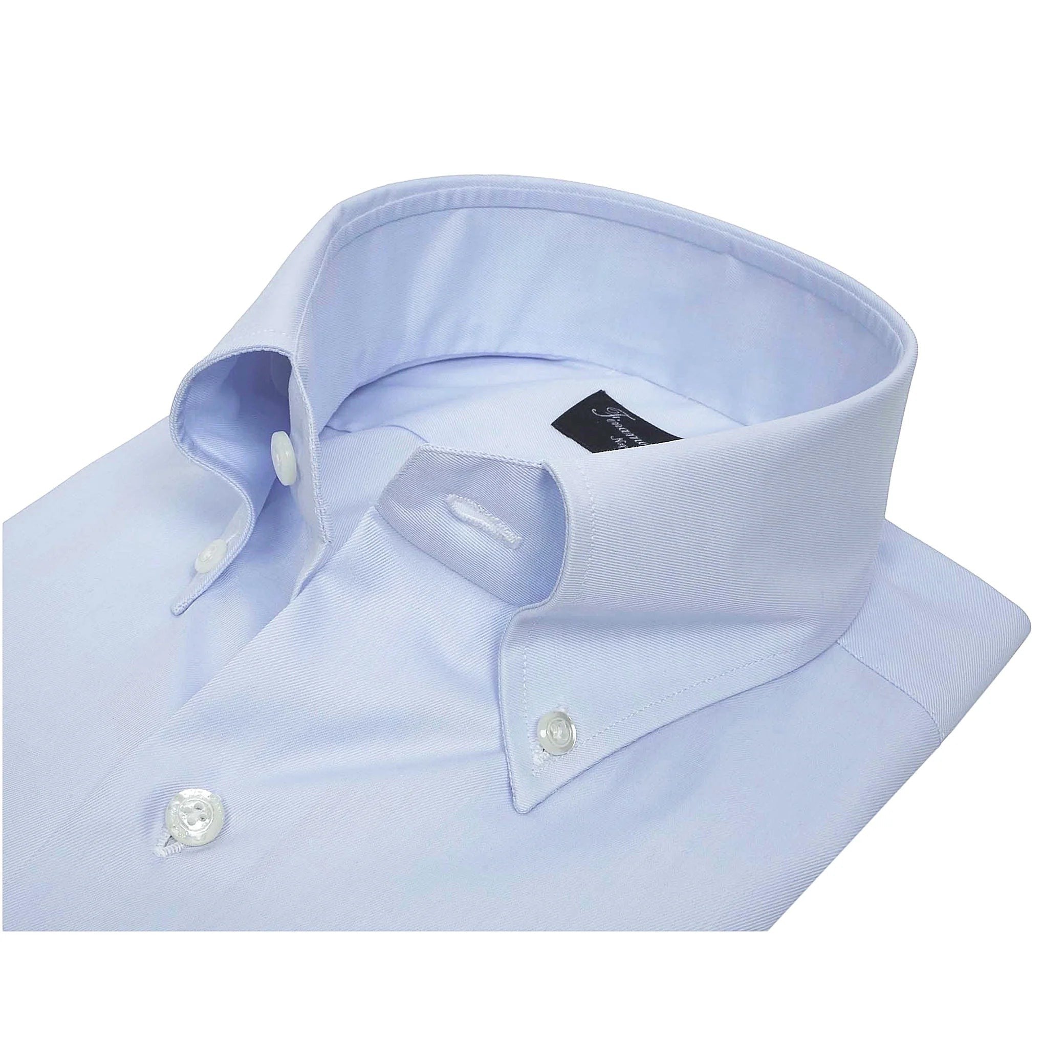 Button Down SF light blue cotton twill melange long sleeve shirt with mother-of-pearl buttons and Neapolitan pleats.