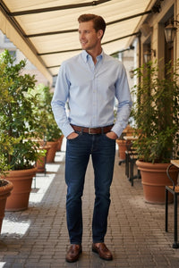 Button Down SF light blue cotton twill melange long sleeve shirt with button-down collar and mother-of-pearl buttons.