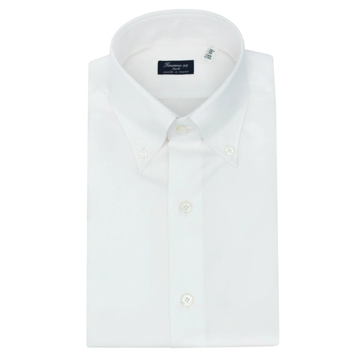 Button Down SF classic white long-sleeve cotton twill dress shirt with mother-of-pearl buttons and Neapolitan pleats.
