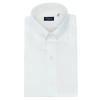 Button Down SF classic white long-sleeve cotton twill dress shirt with mother-of-pearl buttons and Neapolitan pleats.