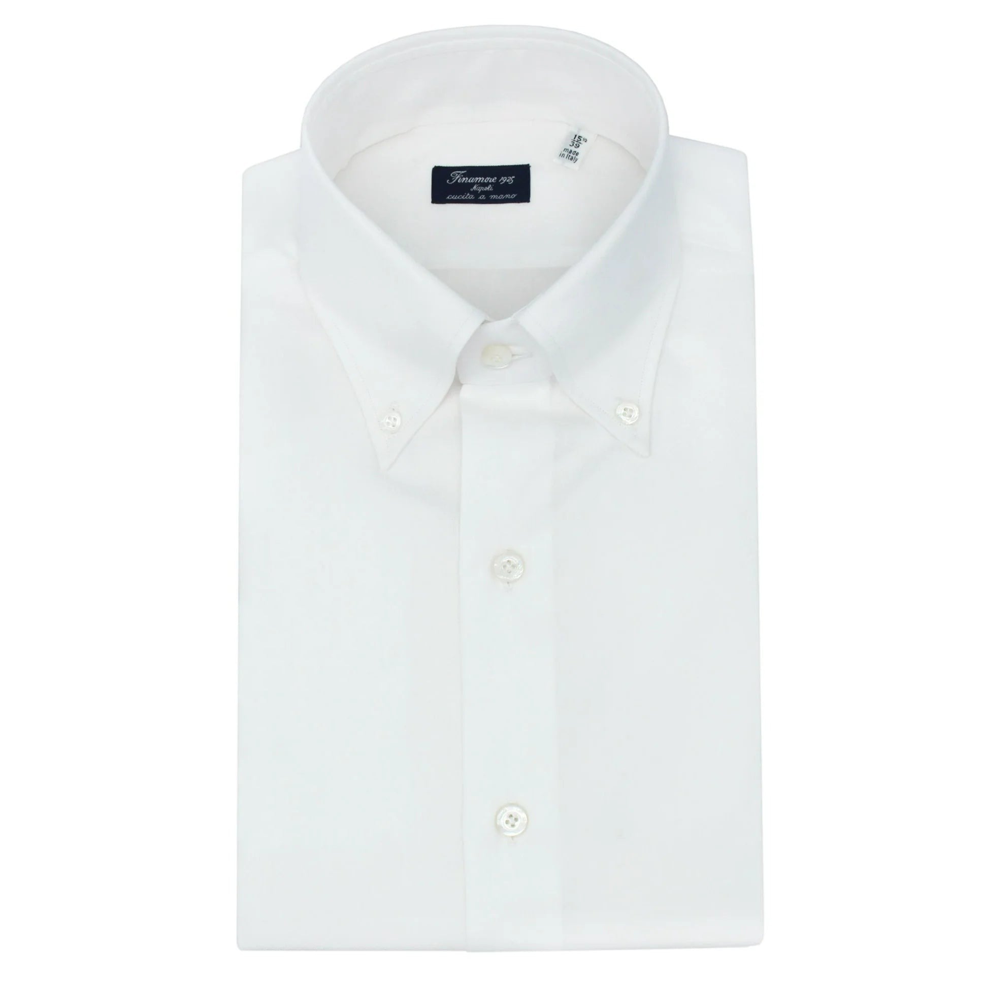 Button Down SF classic white long-sleeve cotton twill dress shirt with mother-of-pearl buttons and Neapolitan pleats.