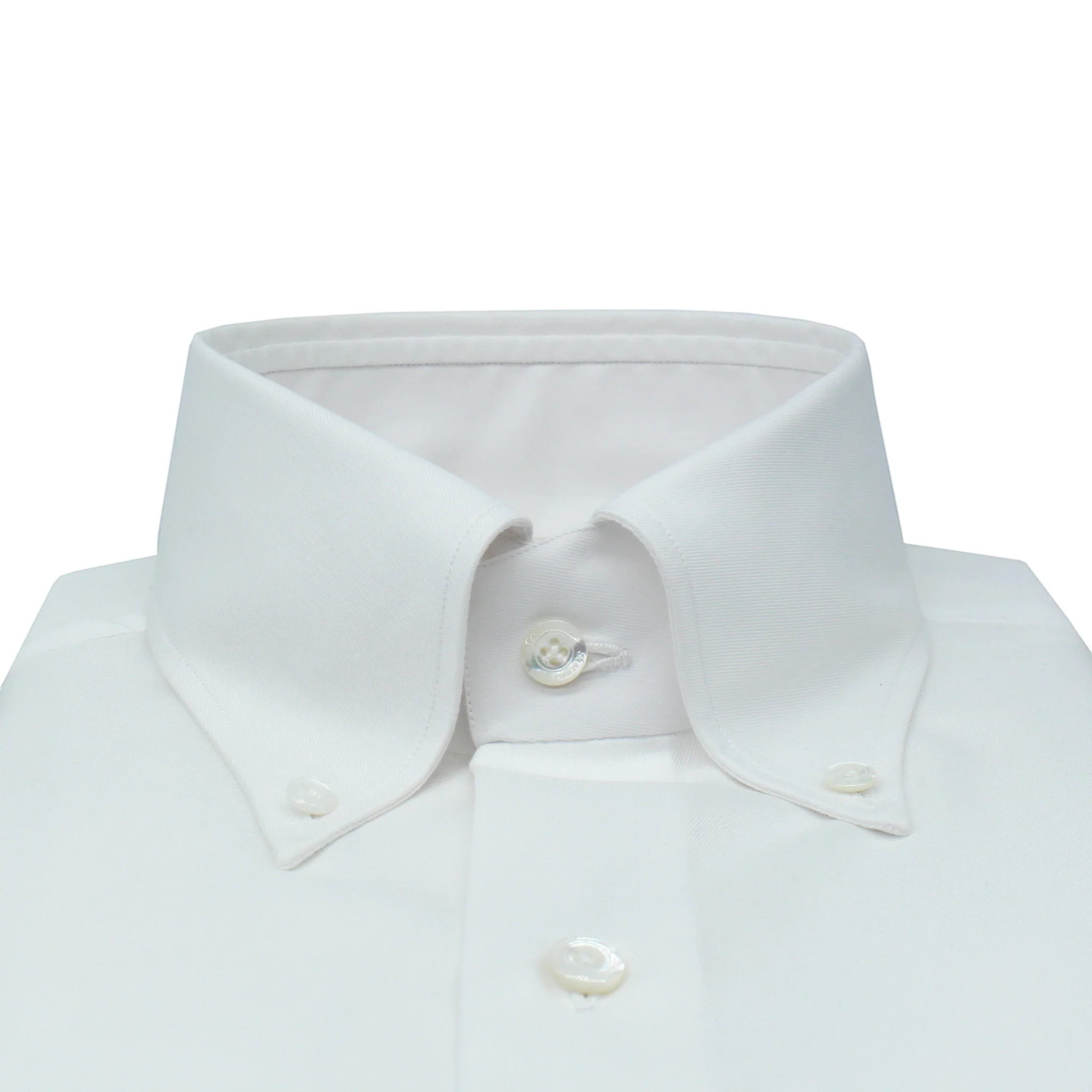 Button Down SF classic white 100% cotton twill melange long sleeve shirt with mother-of-pearl buttons.