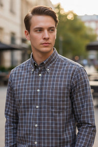 Button Down SF grey and blue check brushed twill cotton shirt with classic fit and button-down collar.