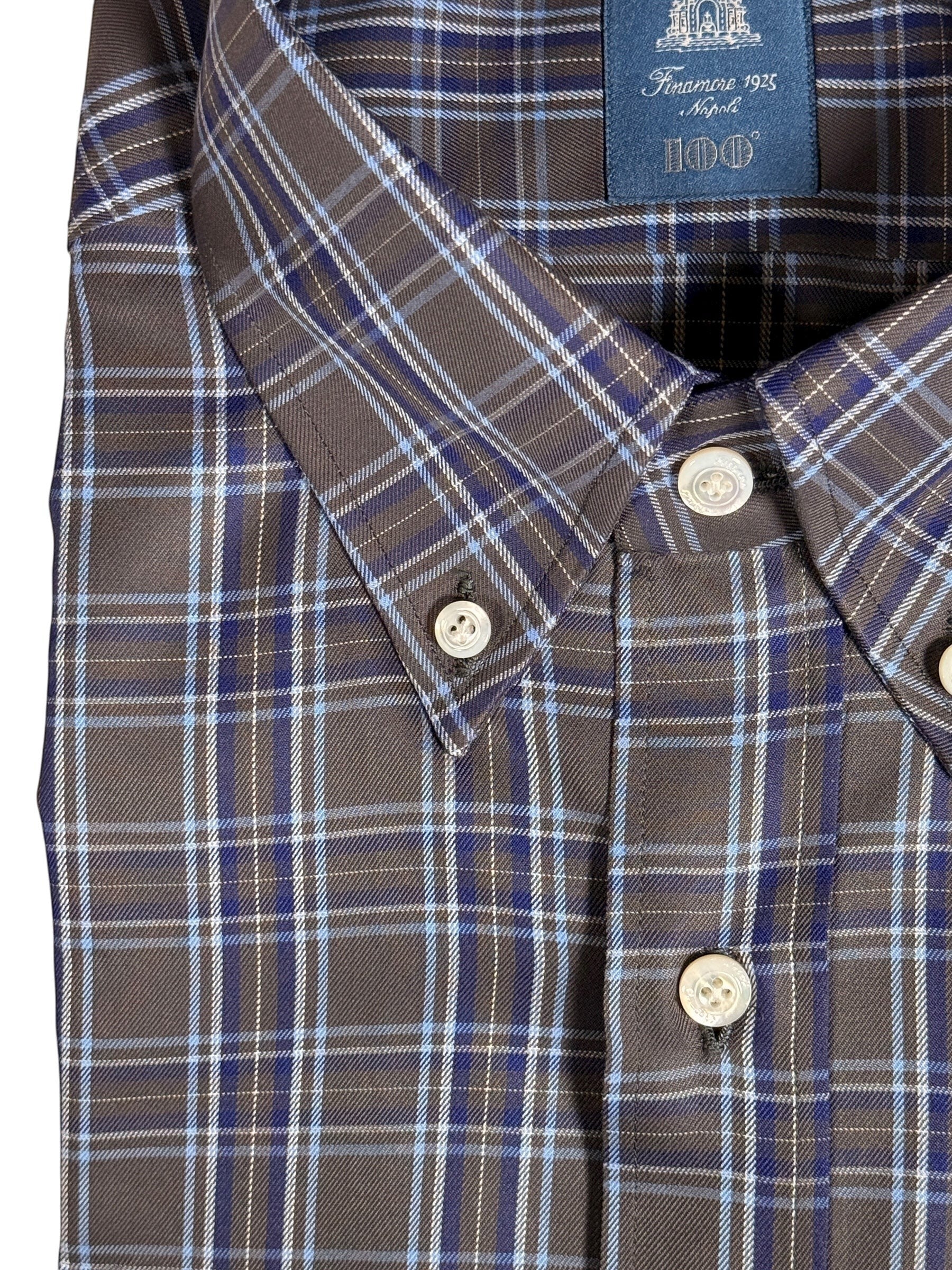 Button Down SF grey and blue check brushed twill cotton shirt with button-down collar and placket.