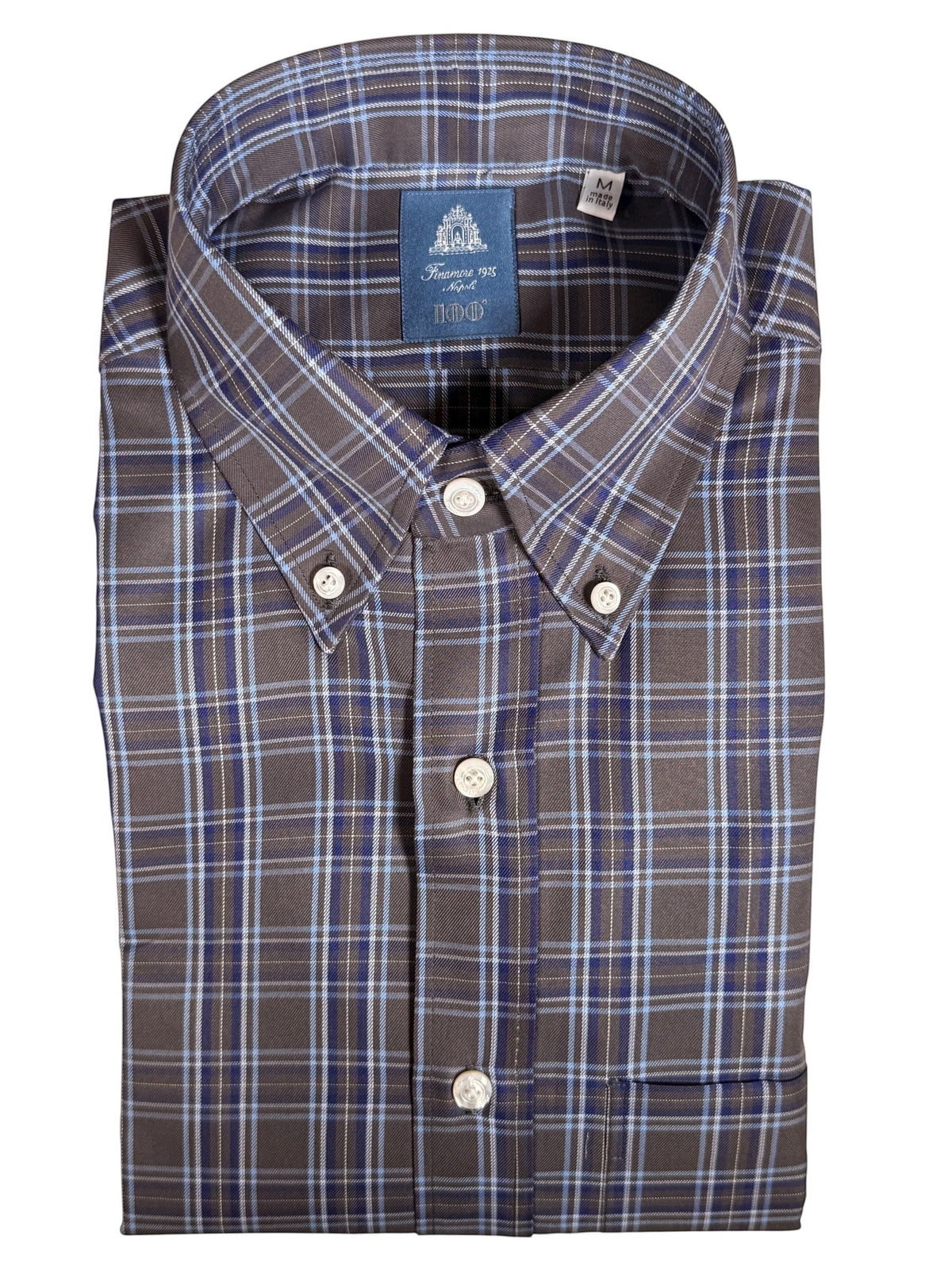 Button Down SF grey and blue check brushed twill cotton shirt with button-down collar and chest pocket. Handmade in Italy.