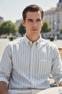 Button Down SF steel and green striped cotton-cashmere shirt. Classic fit with button-down collar and chest pocket. Handmade in Italy.