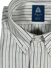 Button Down SF white cotton-cashmere shirt with steel and green stripes. Classic fit with button-down collar and handmade in Italy.