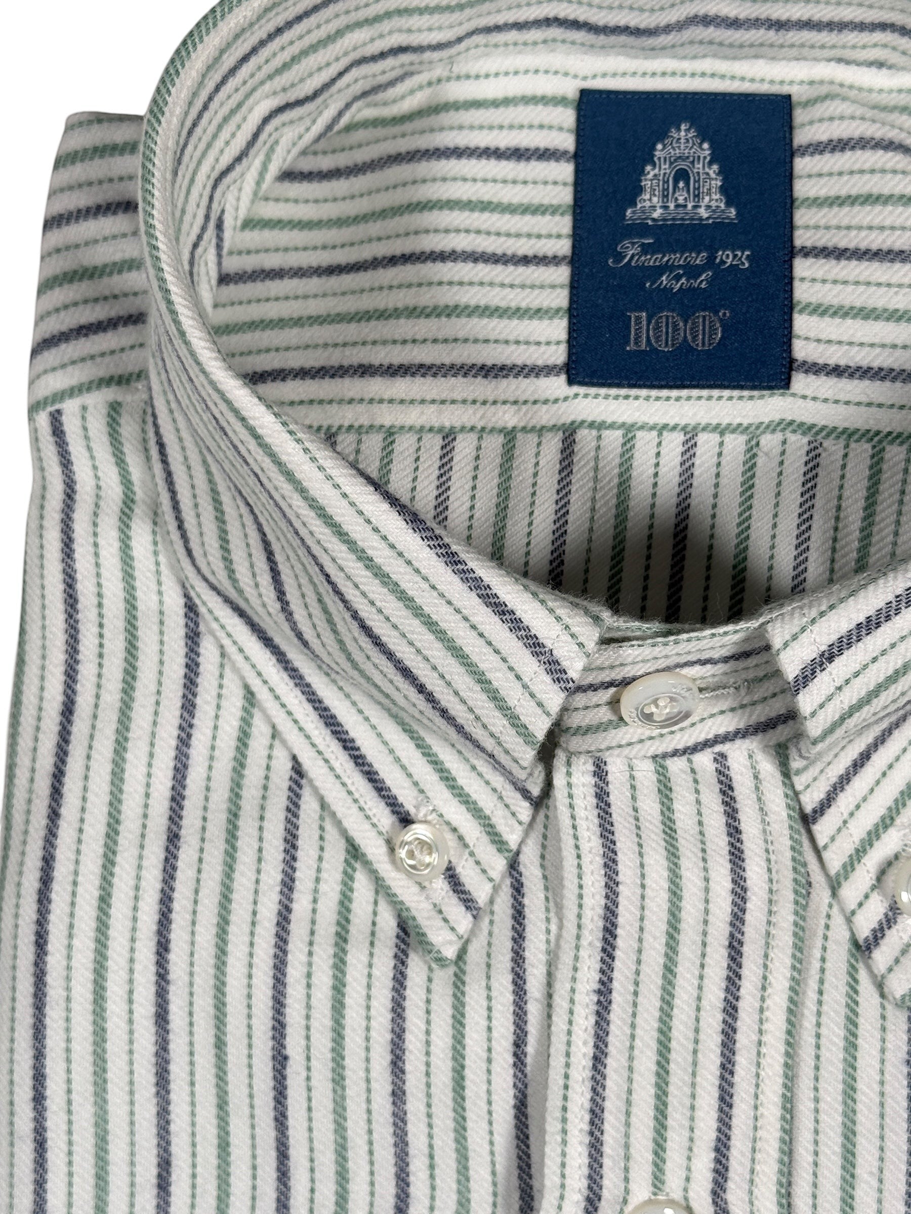 Button Down SF white cotton-cashmere shirt with steel and green stripes. Classic fit with button-down collar and handmade in Italy.