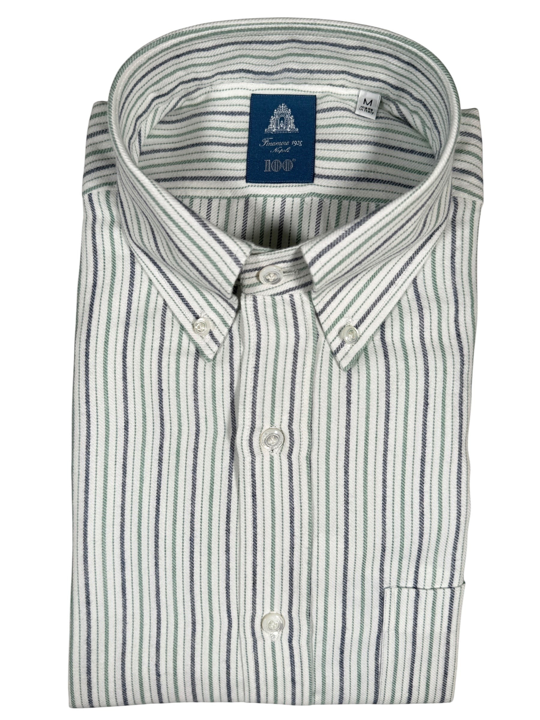 Button Down SF steel and green striped cotton-cashmere shirt. Classic fit with button-down collar and one pocket. Handmade in Italy.