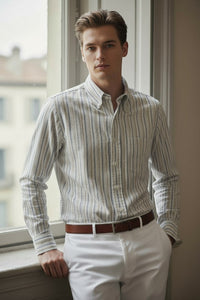 Button Down SF steel/taupe stripe cotton-cashmere shirt. Classic fit, button-down collar, and single pocket. Handmade in Italy.