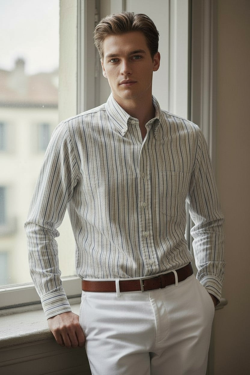 Button Down SF steel/taupe stripe cotton-cashmere shirt. Classic fit, button-down collar, and single pocket. Handmade in Italy.