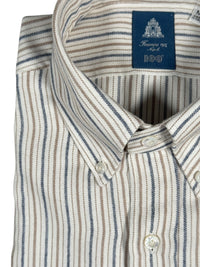 Button Down SF steel/taupe stripe cotton-cashmere shirt. Classic fit with button-down collar and handmade in Italy.