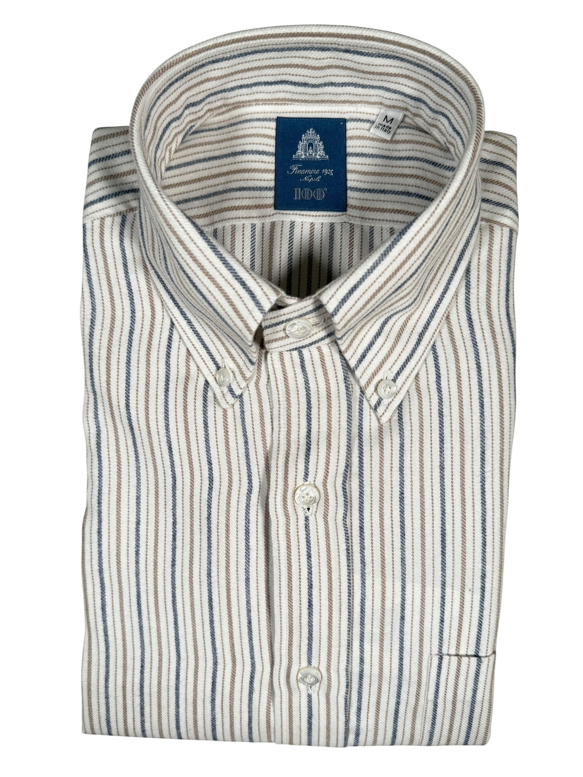 Button Down SF steel and taupe stripe cotton-cashmere shirt with a classic fit and Napoli tailoring.
