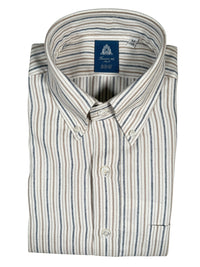 Button Down SF steel and taupe stripe cotton-cashmere shirt with a classic fit and Napoli tailoring.