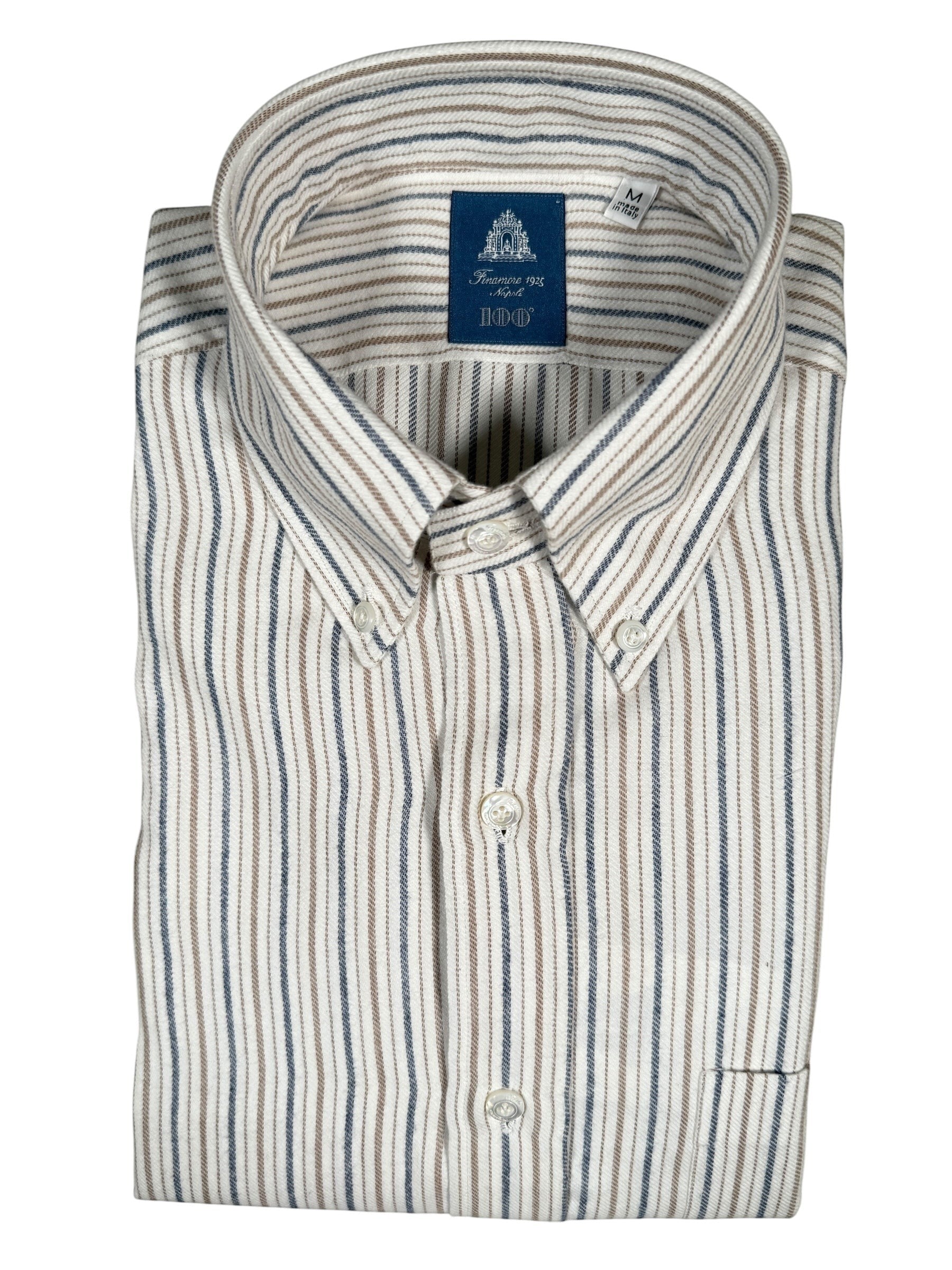 Button Down SF steel and taupe stripe cotton-cashmere shirt with a classic fit and Napoli tailoring.