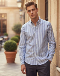 Button Down SF blue and white stripe 100% pinpoint cotton sport shirt with button-down collar and chest pocket.