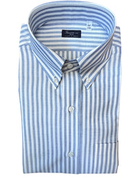 Button Down SF blue and white striped 100% cotton pinpoint shirt with button-down collar and chest pocket. Handmade in Italy.