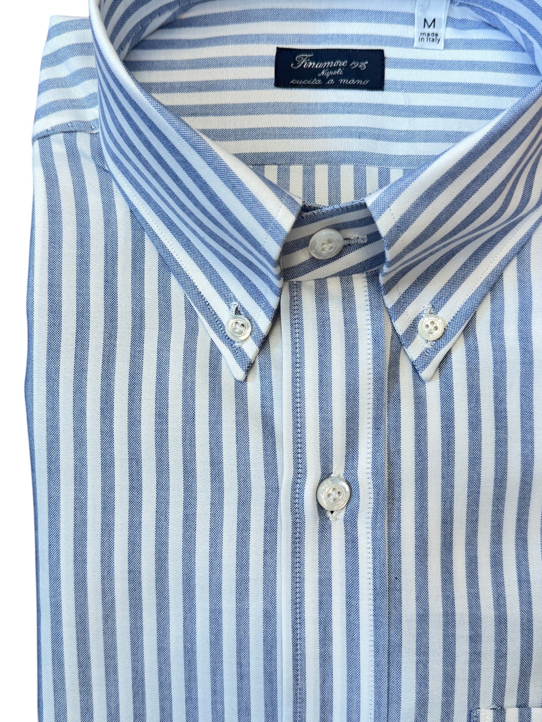 Button Down SF blue and white striped 100% pinpoint cotton shirt. Handmade in Italy with a button-down collar and one pocket.