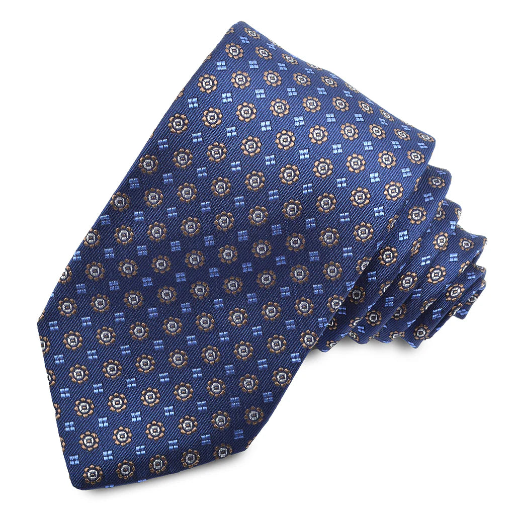 DION SILK TIE - NAVY FLORAL MEDALLIONS