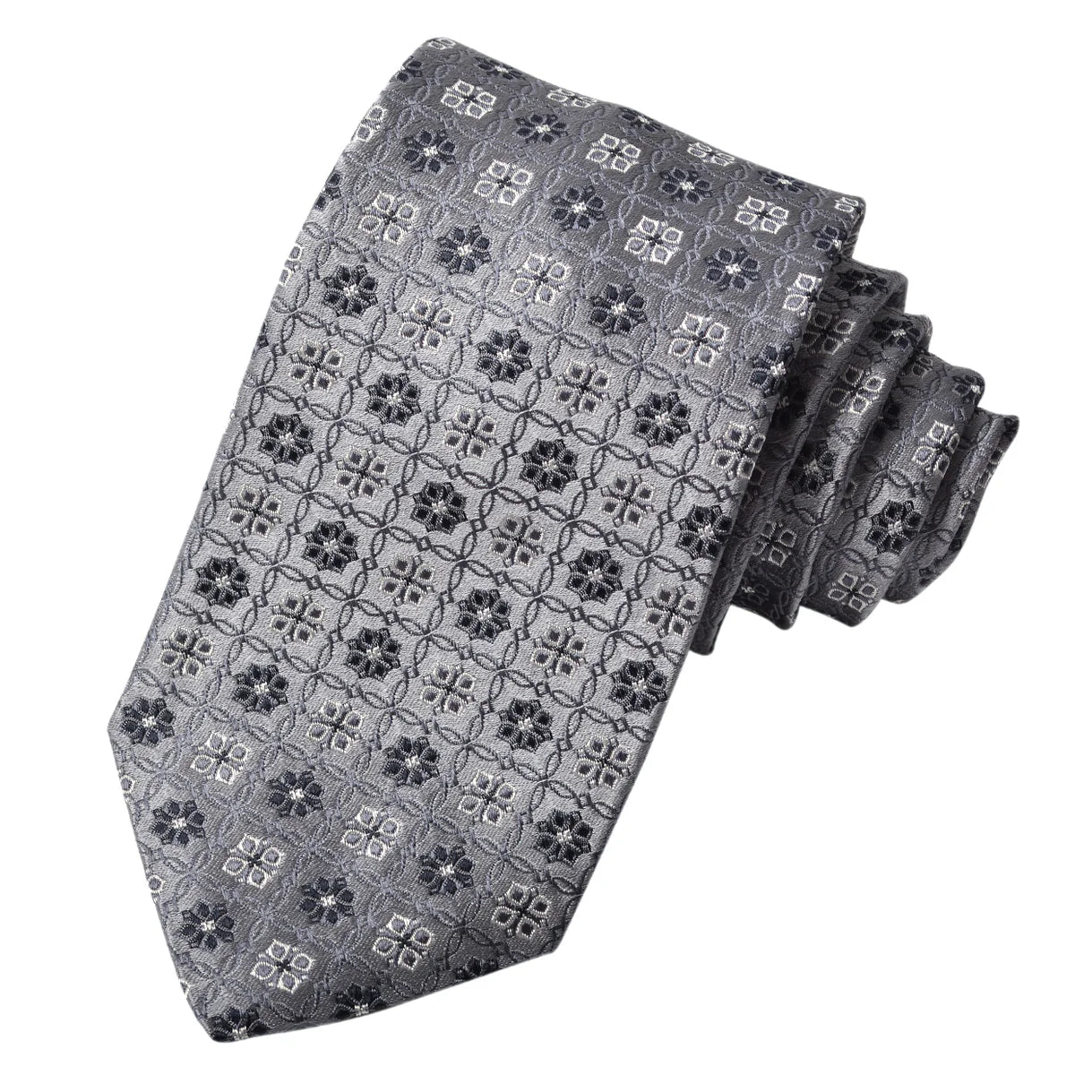DION SILK TIE - GREY MEDALLION GRID