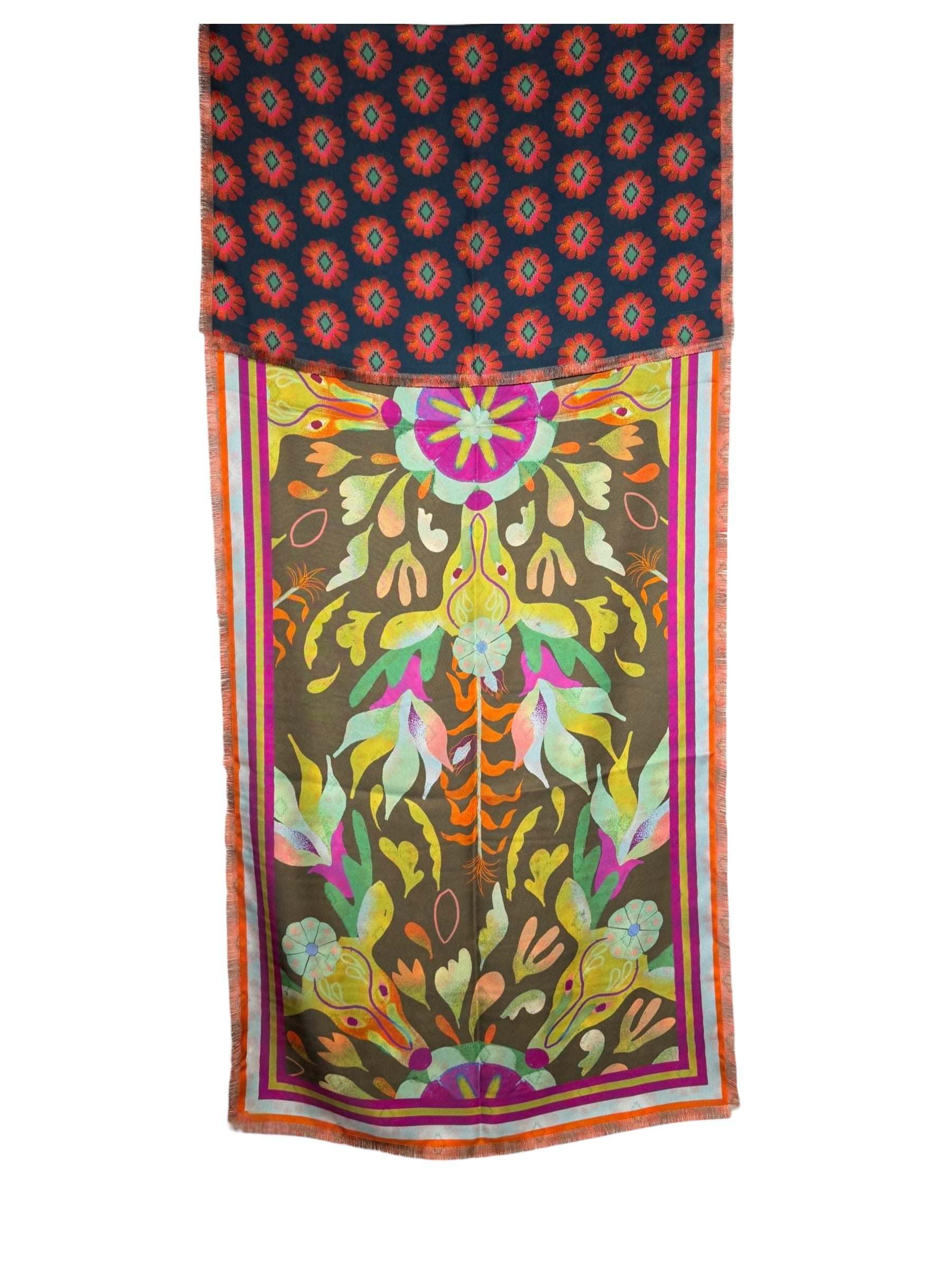 FRANCO FERRARI DOUBLE-SIDED SILK RECTANGULAR SCARF - GREEN/PURPLE MYSTIC DEER