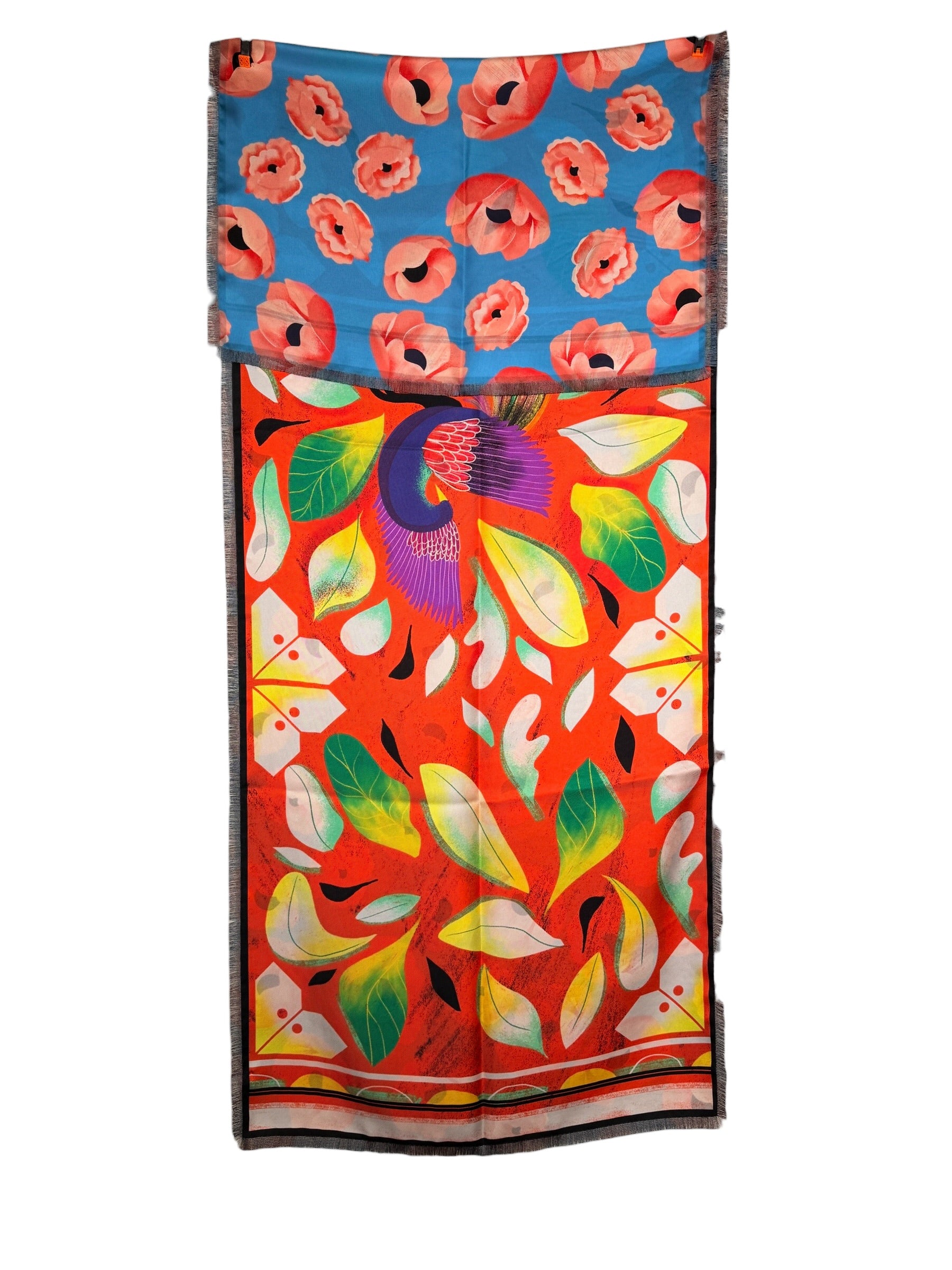 FRANCO FERRARI DOUBLE-SIDED SILK RECTANGULAR SCARF - RED TROPICAL BIRD