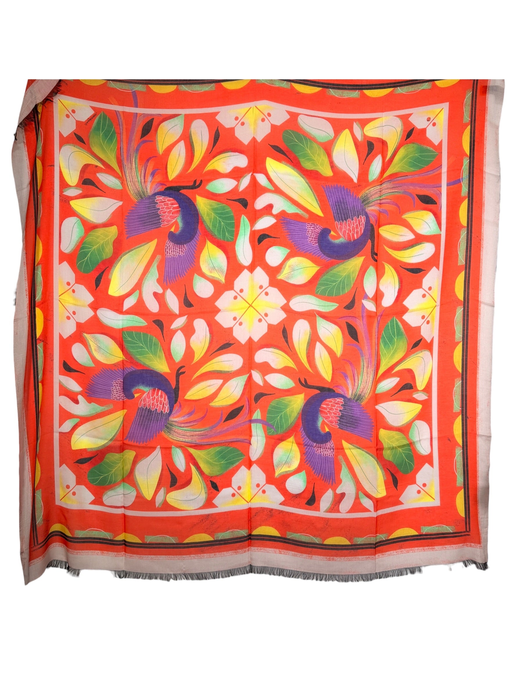 FRANCO FERRARI WOOL SQUARE SCARF - ORANGE TROPICAL BIRD