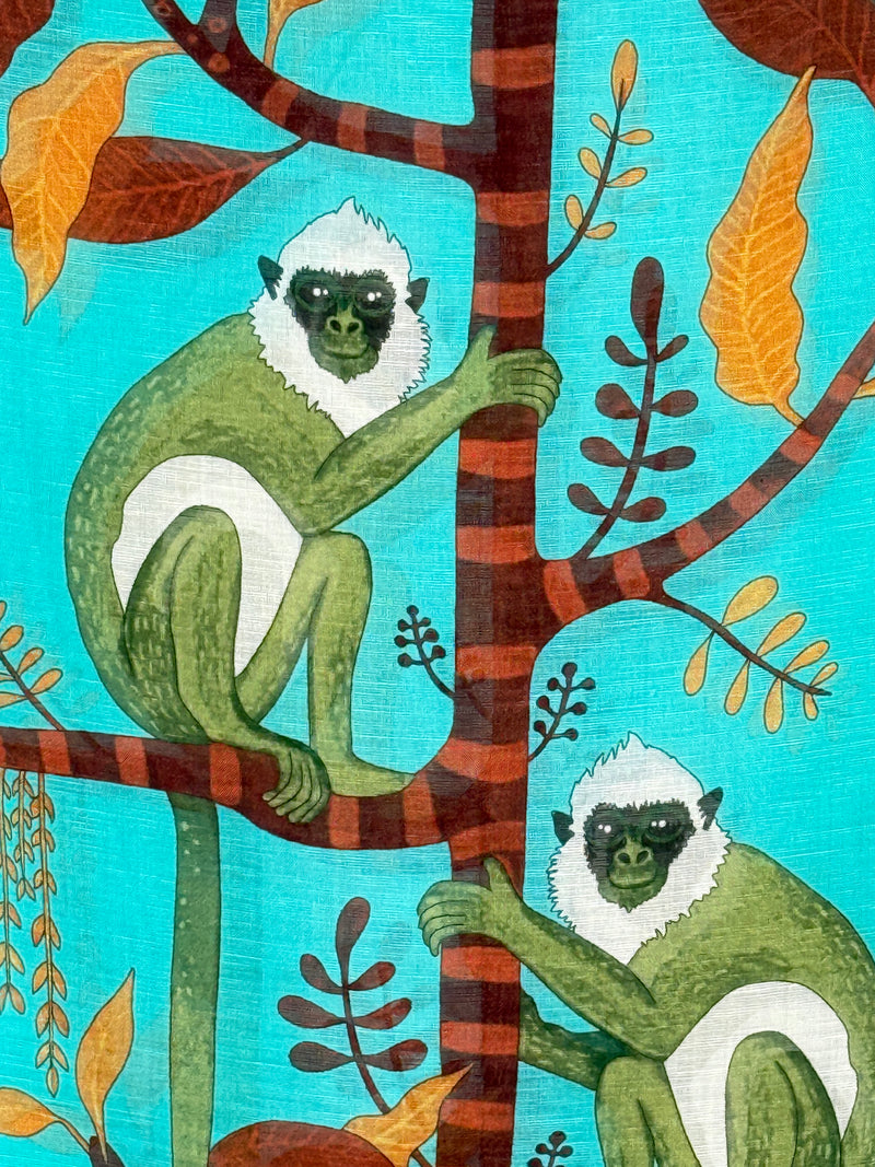 CALABRESE 1924 LINEN & SILK SCARF - AQUA SPIDER MONKEYS