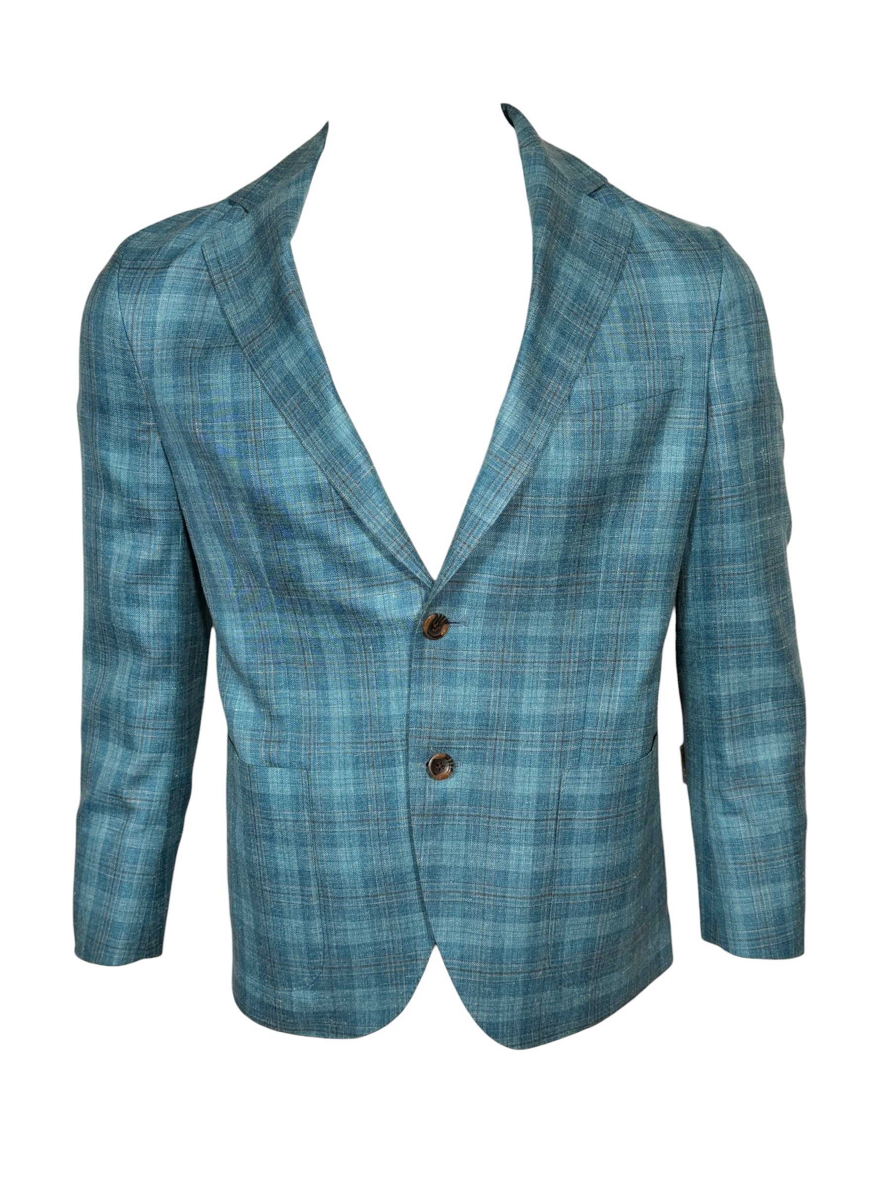 OARS & OLD IVY LORO PIANA WOOL/SILK/LINEN SPORT COAT - AQUA/TAN CHECK