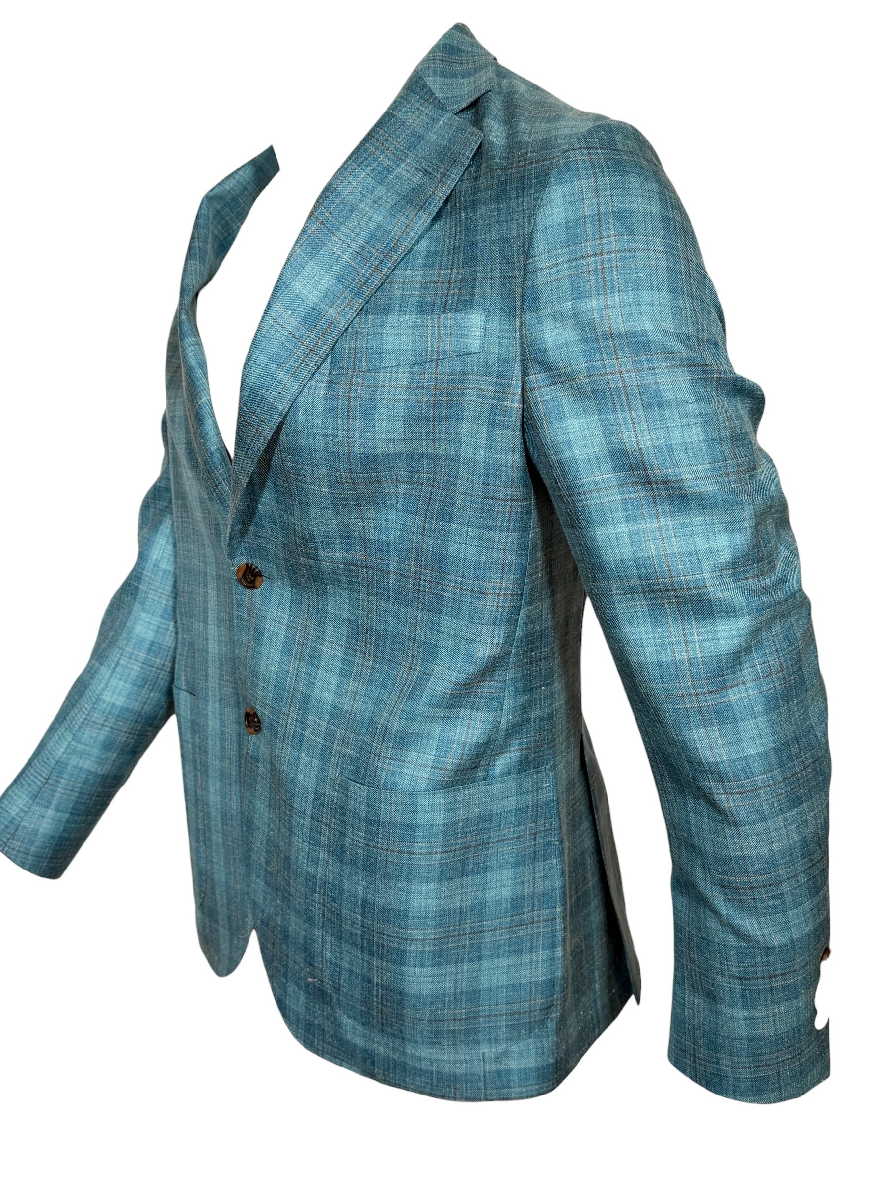 OARS & OLD IVY LORO PIANA WOOL/SILK/LINEN SPORT COAT - AQUA/TAN CHECK