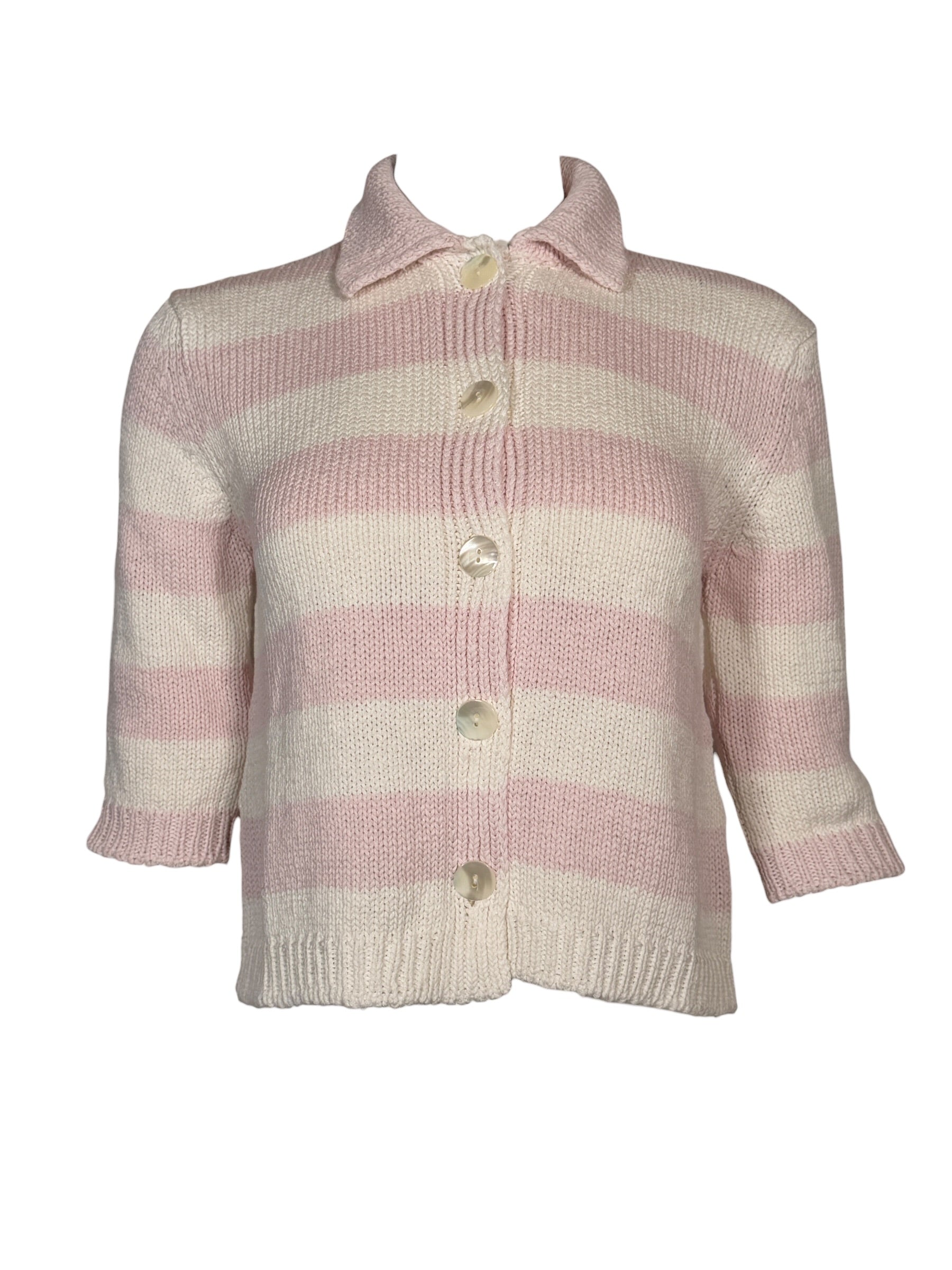 ANNECLAIRE STRIPED CARDIGAN - SOFT PINK/WHITE