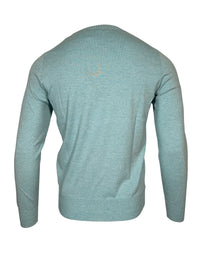 BUTTON DOWN COTTON/CASHMERE CREW SWEATER - HEATHER AQUA