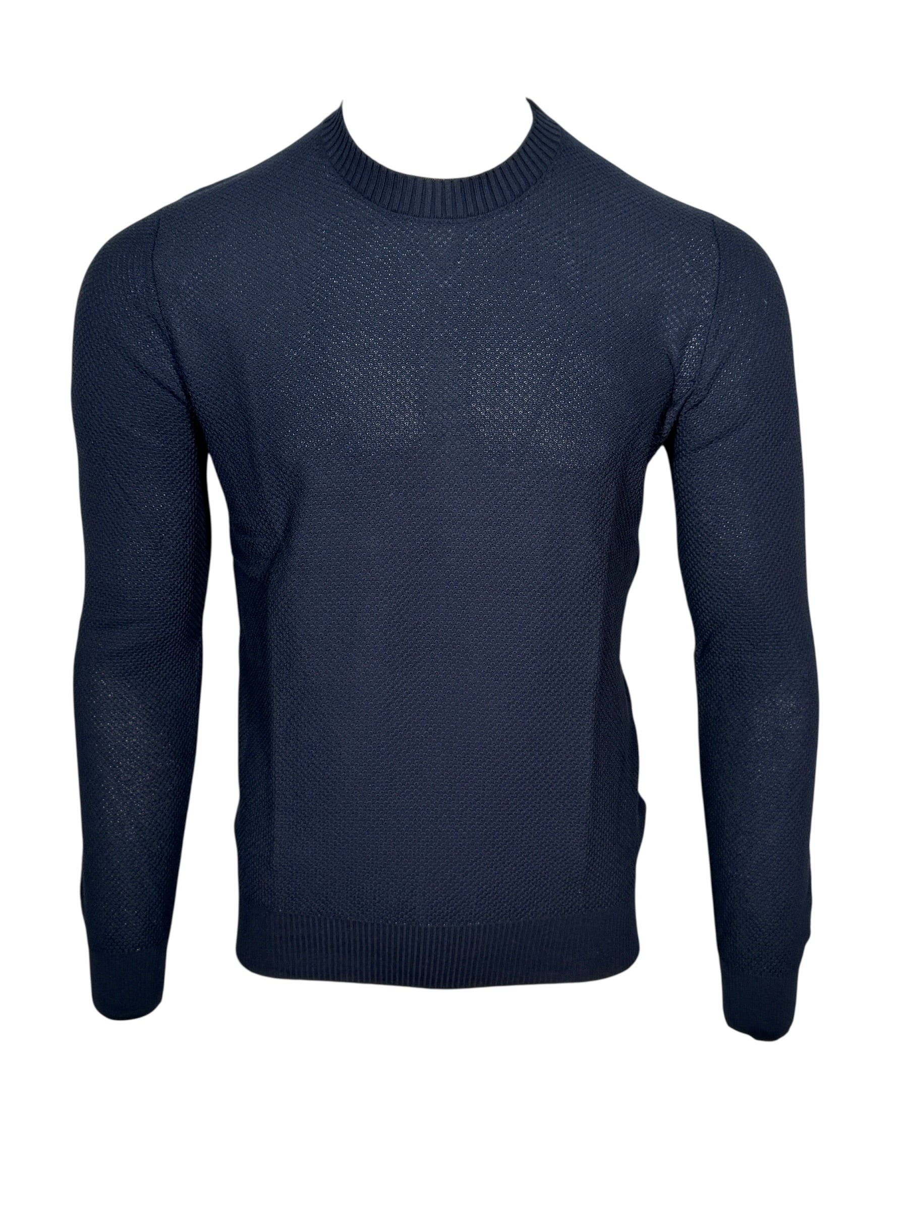 BUTTON DOWN WAFFLE WEAVE CREW SWEATER - NAVY