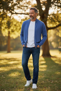 ALAN PAINE ROCOMBE FULL ZIP COTTON SWEATER - INDIGO MIX