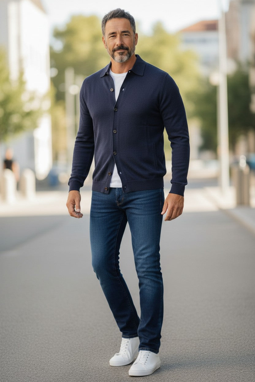 ALAN PAINE TYNEHAM BUTTON THROUGH KNIT SHIRT - DARK NAVY