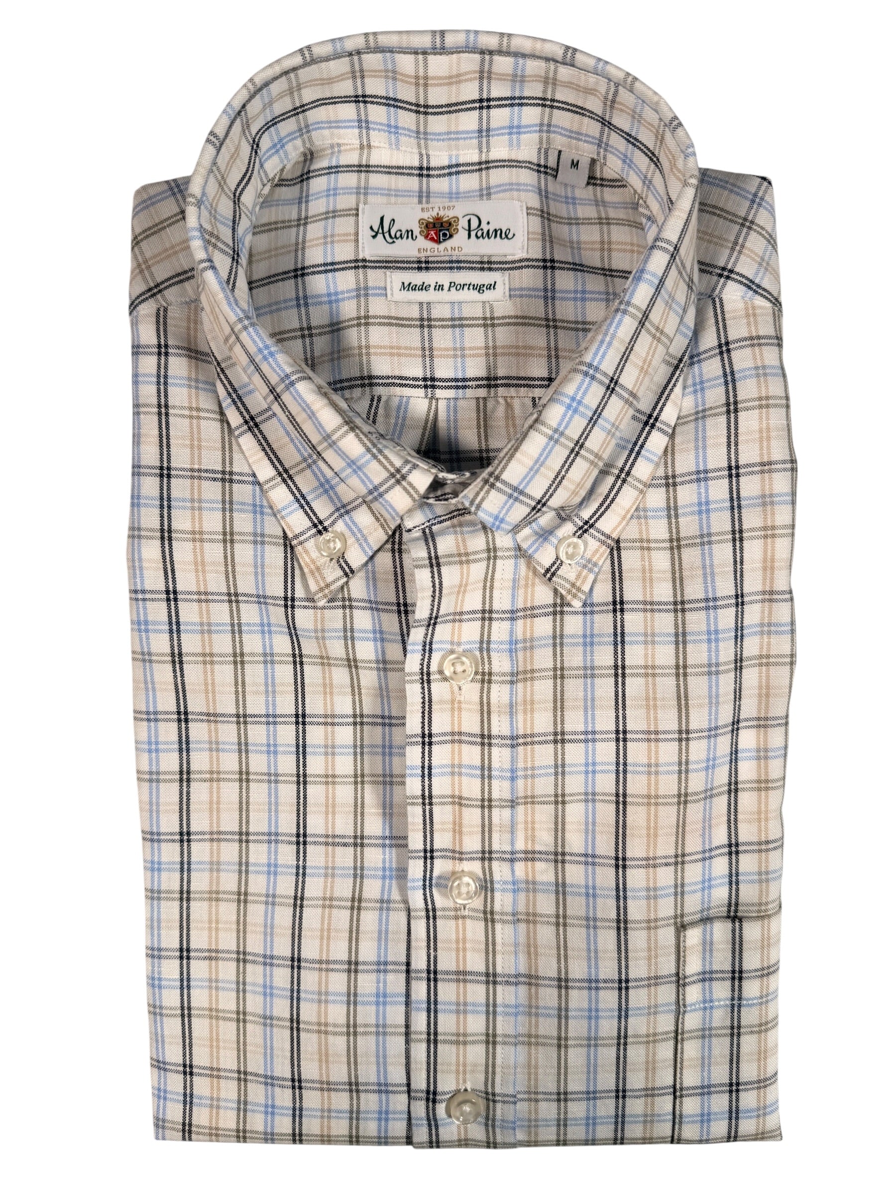 ALAN PAINE LINEN/COTTON SPORT SHIRT -  NAVY/BLUE/TAN DOUBLE CHECK
