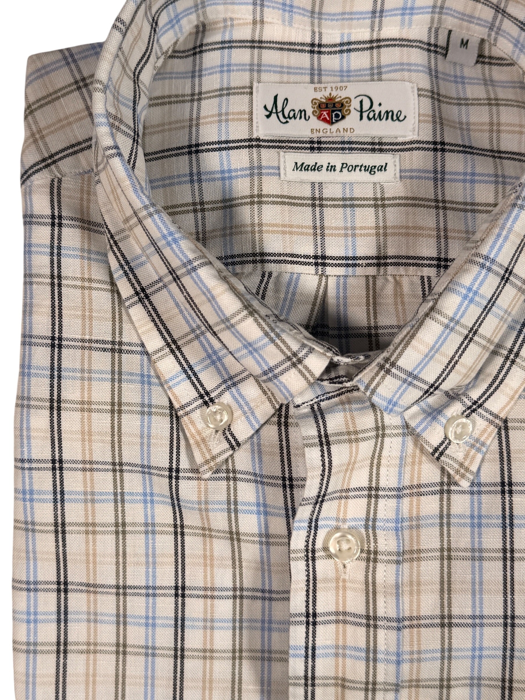 ALAN PAINE LINEN/COTTON SPORT SHIRT -  NAVY/BLUE/TAN DOUBLE CHECK