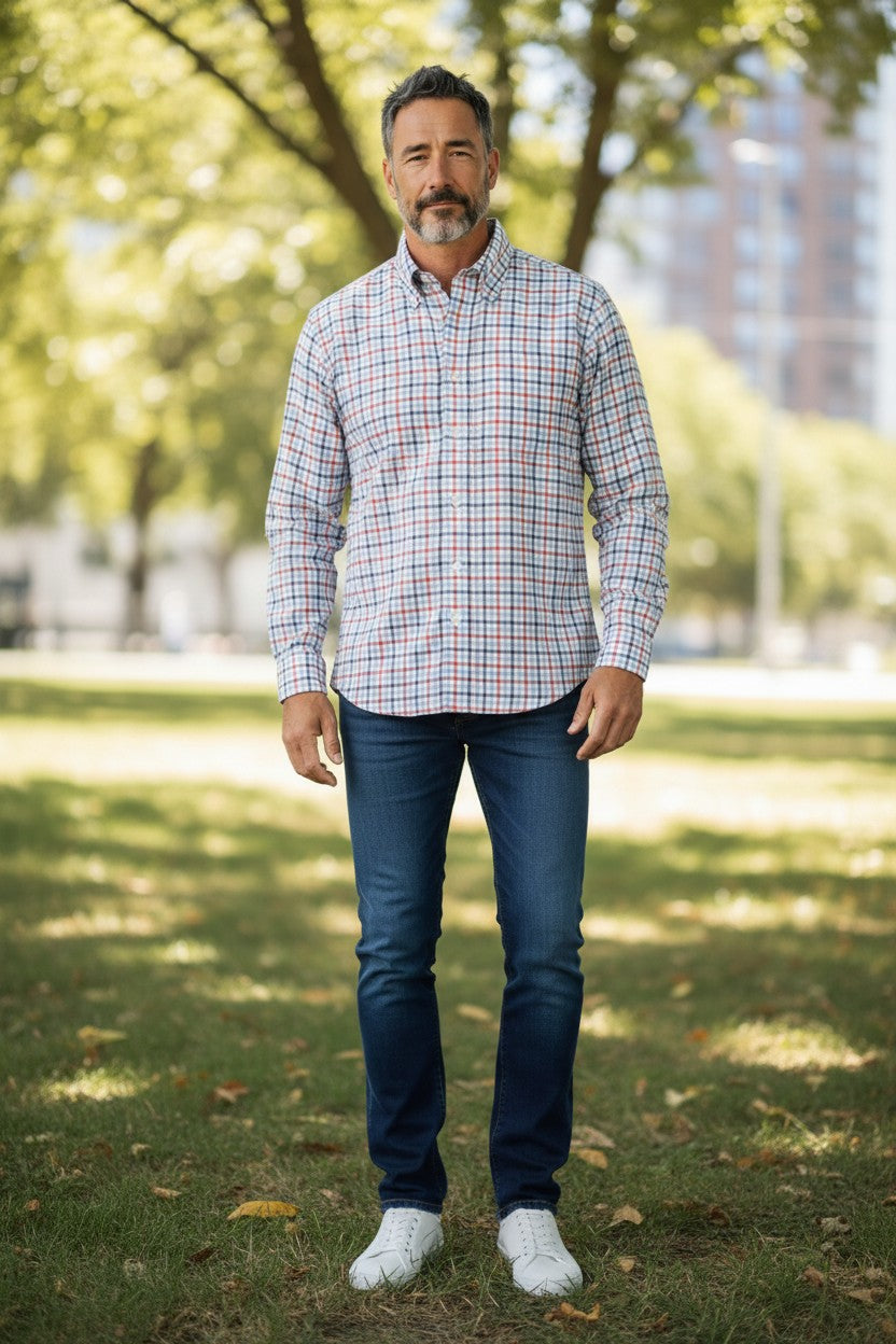 ALAN PAINE LINEN SPORT SHIRT - BLUE/NAVY/RED CHECK