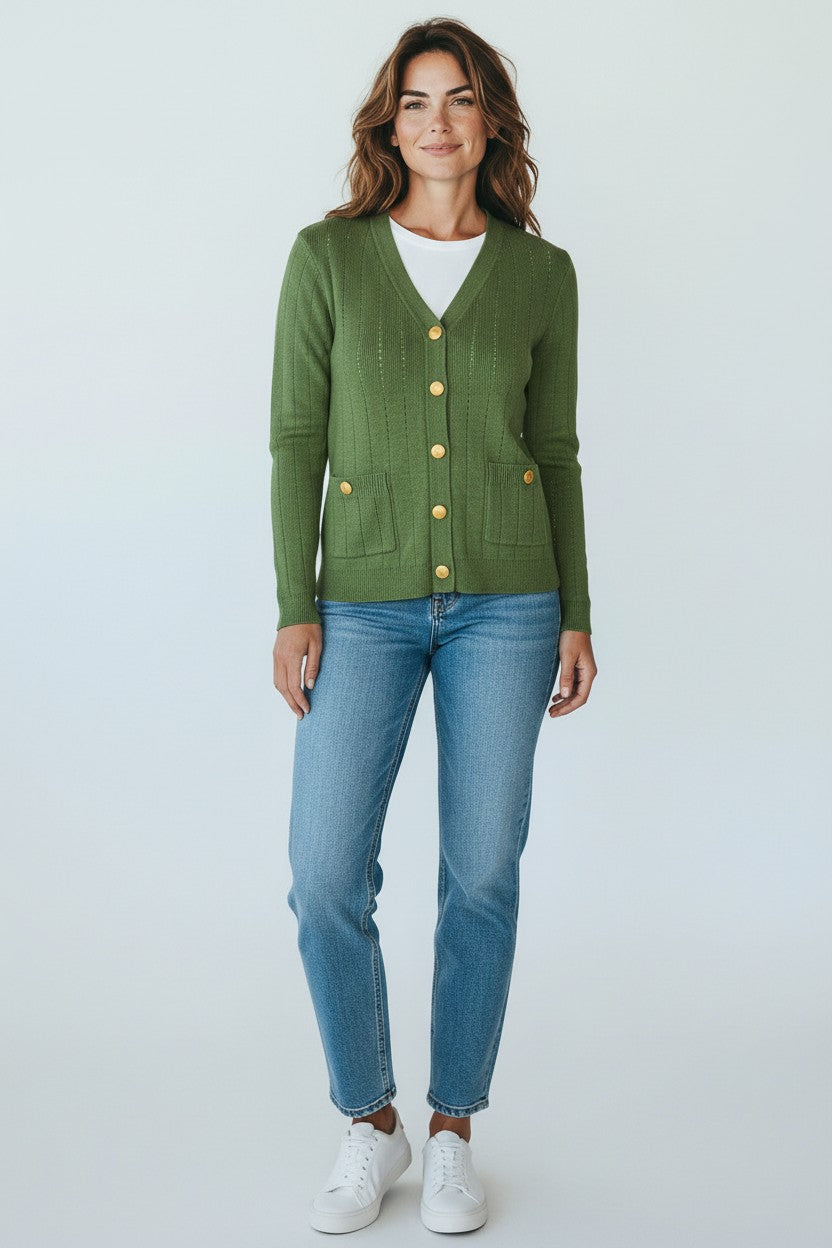 KINROSS RIB BUTTON FRONT VEE - VINE