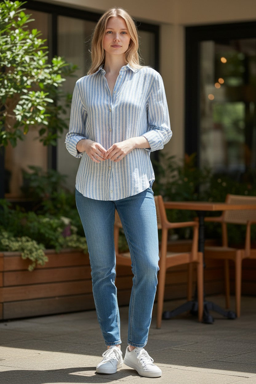 GIANGI NAPOLI WOMEN'S CATY LINEN SHIRT - LIGHT BLUE STRIPE
